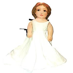 22"  Vintage Lithograph Cloth Boudoir Bed Doll  in a White Vintage Gown